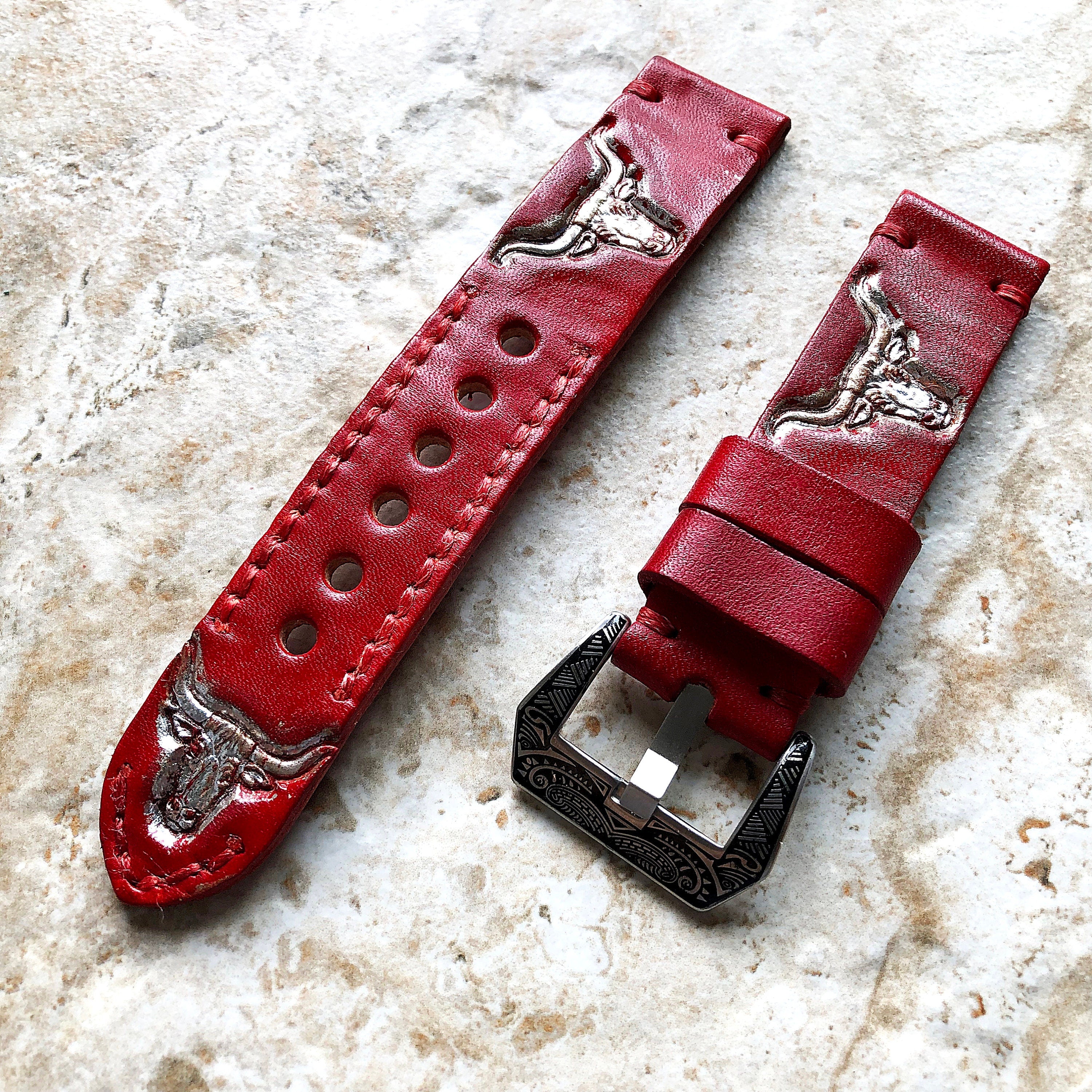 Longhorn Bull Band 22mm 24mm 25mm Compatible with Apple Watch Fitbit Versa 2 3 4 Sense 2 Ionic Accented Embossed Tooled Real Leather Strap